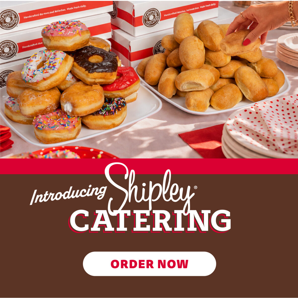 Shipley Catering graphic featuring trays of assorted donuts and kolaches with branded boxes, plus the text “Introducing Shipley Catering” and “Order Now.”