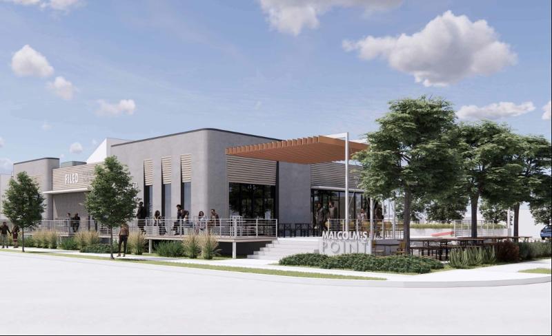 Architectural rendering of a modern Shipley Do-Nuts location at Malcolm’s Point, featuring outdoor seating, landscaping, and a covered patio.