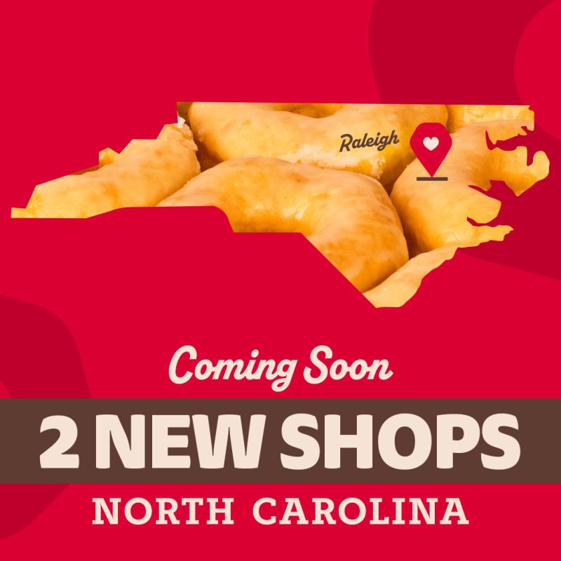 Graphic announcing two new Shipley Do-Nuts shops coming soon to North Carolina, featuring a North Carolina silhouette filled with glazed donuts and a Raleigh location marker.