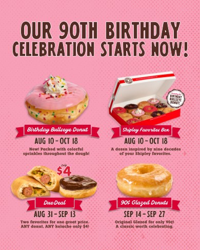 Shipley Do-Nuts 90th birthday promotion featuring a Birthday Bullseye Donut, Shipley Favorites Box, $4 Duo Deal, and 90¢ glazed donuts with promotional dates.